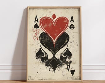 Grunge Playing Card Wall Art – Ace of Spades and Hearts Poster – Vintage Poker Print for Game Room, Bar, or Man Cave Decor