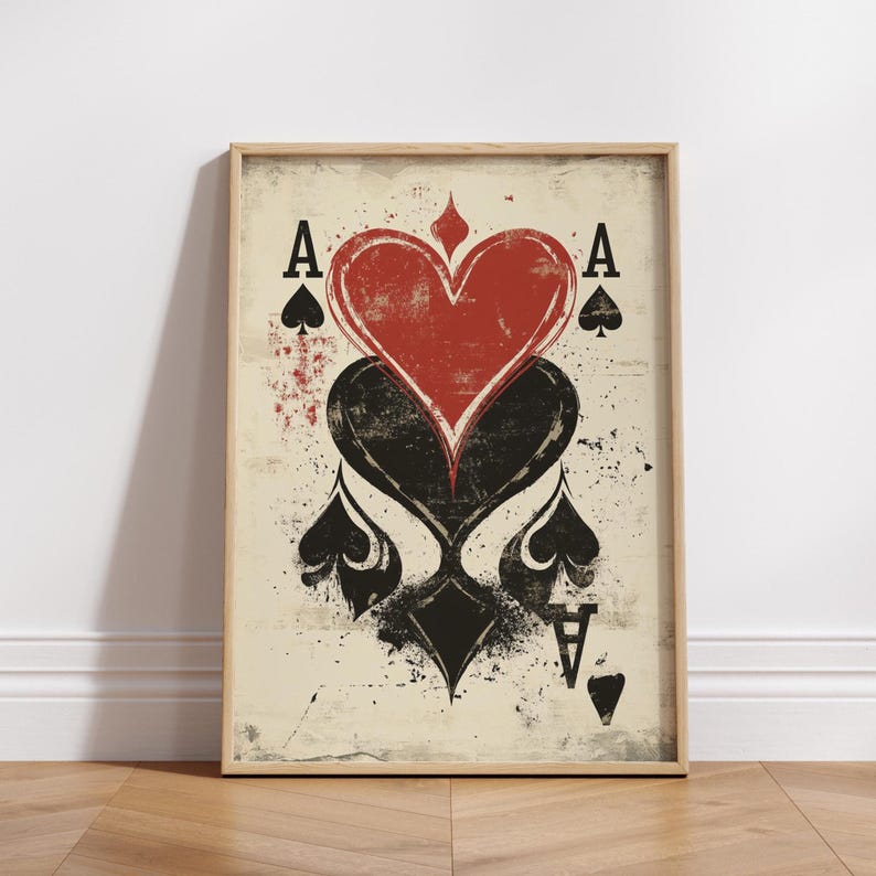 Grunge Playing Card Wall Art – Ace of Spades and Hearts Poster – Vintage Poker Print for Game Room, Bar, or Man Cave Decor image 1
