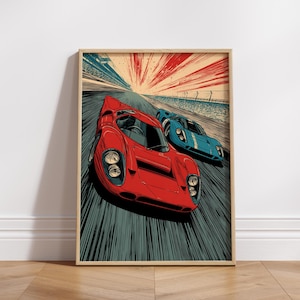 Retro Racing Comic Poster | Vintage Motorsport Wall Art | Classic Race Car Print | Dynamic Retro Auto Decor for Car Enthusiasts