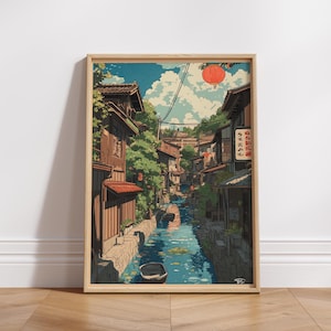 Japanse muurdecoratie: Levendige dorpskanaalscène - Digitale download