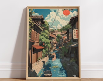 Japanisches Dorf Kanal Poster Kunst | Ästhetische Wanddekoration | Ideal für Zuhause | Büro, Geschenke | Japanische Kultur | Digitaler Download |