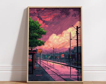 Retro Cityscape Poster: 8-Bit Pixel Art Digital Download