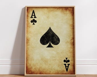 Vintage Playing Card Wall Art Poster, Retro Gambling Decor for Game Room, Spade Ace Print, Home Decor, Card Games Decoration