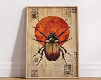 Artistic Beetle Matte Poster for Unique Home Decor, Japanese Aesthetic Wall Art, Insect Illustration, Nature-Inspired Art, Home Decor