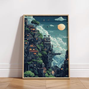 8 bit Pixel Art Vertical Poster - Retro City Landscape Print, Home Decor, Gift for Gamers, Vintage Aesthetic Wall Art, Digital Download