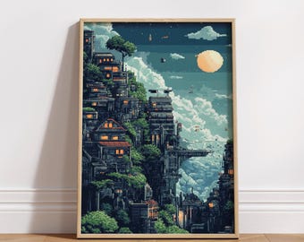 Pixel Art Floating City Poster, Retro 8 Bit Wall Art, Fantasy Sky City Print, Cyberpunk Landscape Poster, Gaming Room Wall Decor
