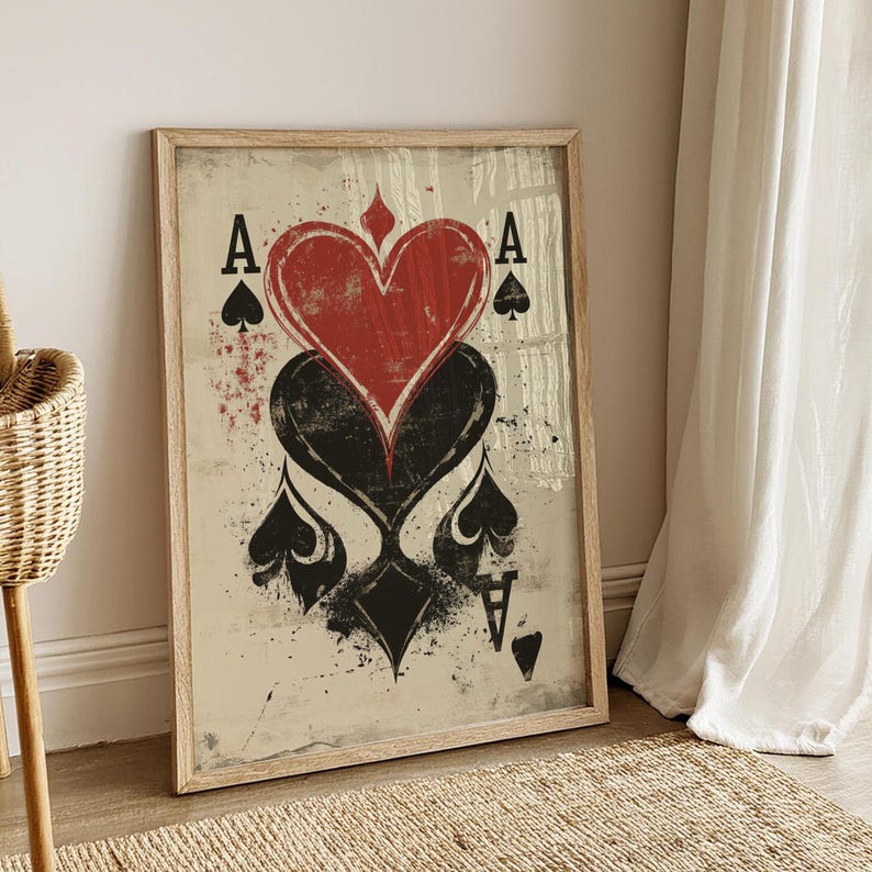 Grunge Playing Card Wall Art – Ace of Spades and Hearts Poster – Vintage Poker Print for Game Room, Bar, or Man Cave Decor image 2