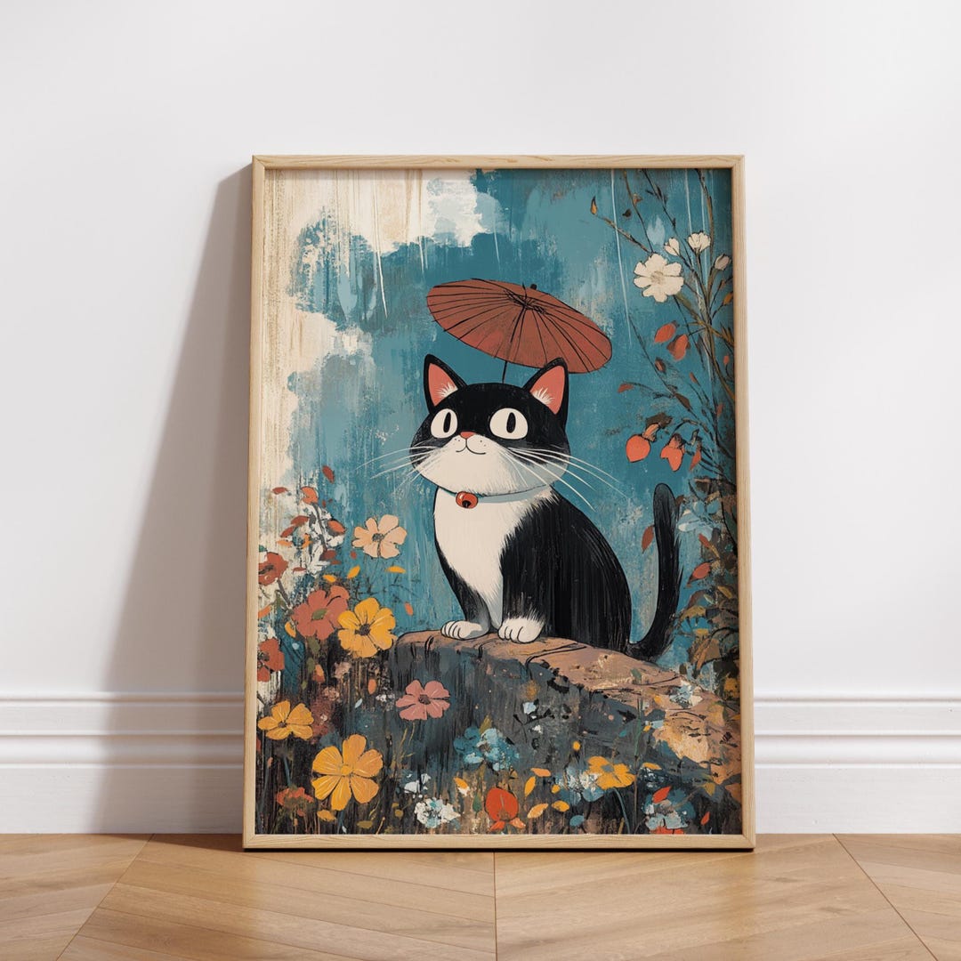 Cat With Umbrella Art Print, Whimsical Cat Wall Art, Cute Cat Poster ...