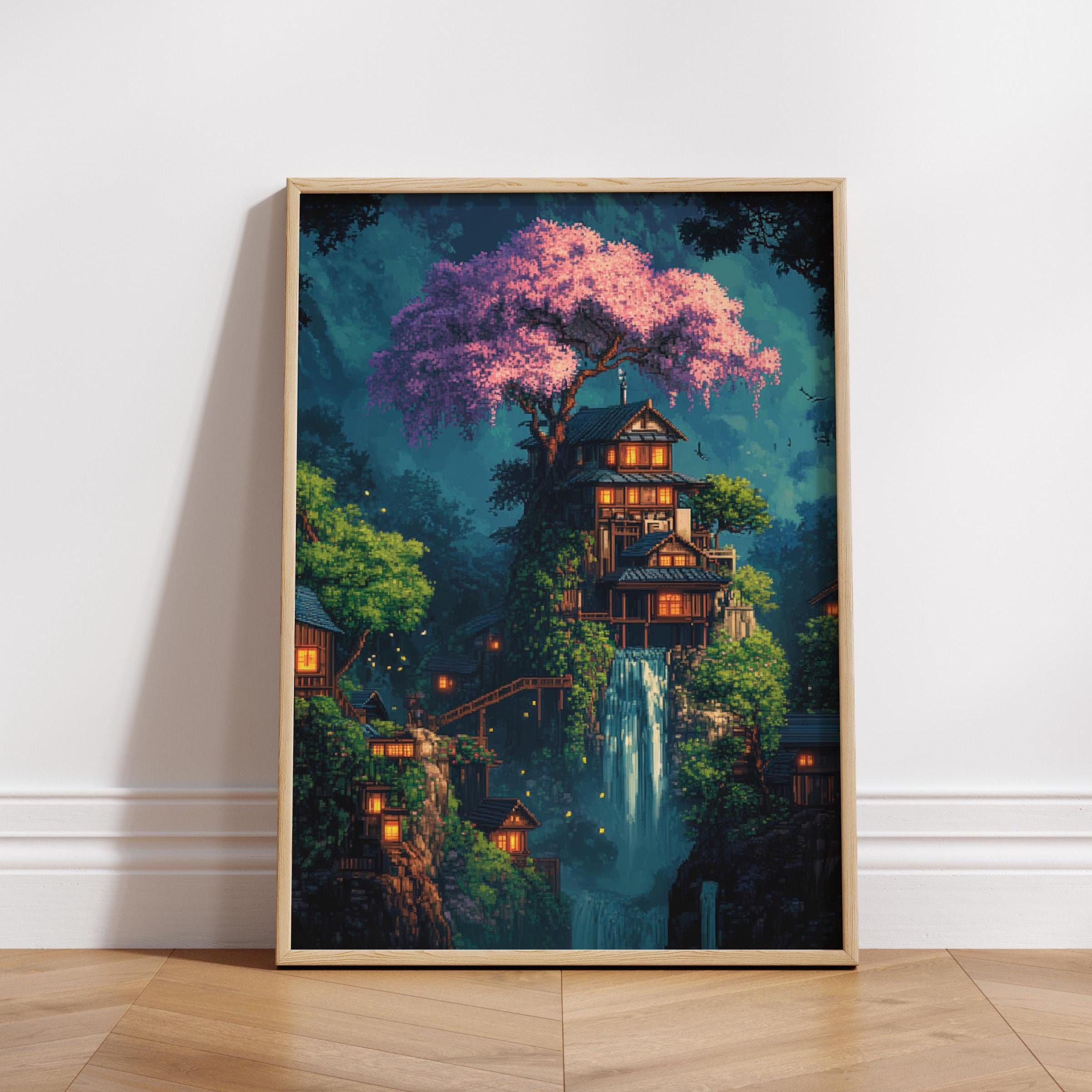 Magical Forest Home Poster - Dreamy Nature Pixel Art Digital
