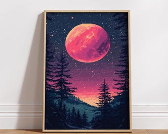 Vaporwave 8-Bit Pixel Pink Moon Forest Art Print | Retro Matte Wall Poster | Aesthetic Room Decor | Gamer & Home Gift