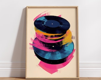 Puede incluir: Una lámina artística vertical enmarcada que muestra dos discos de vinilo negros apilados sobre un fondo crema. La composición está acentuada por vibrantes pinceladas abstractas en tonos rosa intenso, amarillo brillante y azul cian.