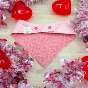 Dog Valentine's Day Reversible Bandana with Double Snaps – Pink Roses and Plaid – Holiday Pet Accessory