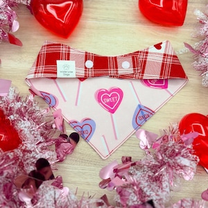 Dog Valentine's Day Reversible Bandana with Double Snaps – Heart Lollipops with Red Plaid – Holiday Pet Accessory