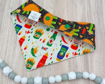 Reversible Dog Bandana: TexMex Hot Sauce & Dinosaur Taco Print