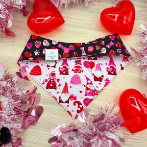Dog Valentine's Day Reversible Bandana with Double Snaps – Gnomes and Candy Hearts – Holiday Pet Accessory