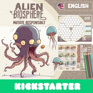 May include: Alien Biosphere board game box set. The box art features a purple octopus-like alien with large yellow eyes and tentacles. The game includes a game board, cards, and colored pencils. The text reads "Alien Biosphere" and "Mutate Responsibly."
