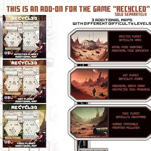 Pakket met 3 kaarten ADD-ON voor gerecycled: solo-ruimte survival print- en rol- en schrijfspel. Verlaten astronaut alleen op autokerkhof