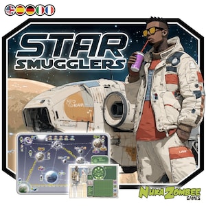 May include: Illustration of the board game "Star Smugglers" with a spaceship, game boards, and a character drinking from a cup. The game boards show a map of planets and game pieces. The game's logo is in white letters on a black background.