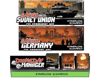 May include: Comic book style artwork with the titles "Saving Soviet Union" and "Saving Germany", featuring tanks and cityscapes. The bottom section displays "Doomsday Manager" with dice and game box art.