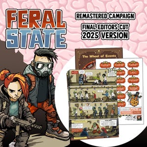 May include: An illustrated board game box and components for "Feral State." The artwork depicts two characters in survival gear, a gas mask, and a weapon. The game includes a "Wheel of Events" and comic-style panels. Text reads "Remastered Campaign, Final Editors Cut 2025 Version."