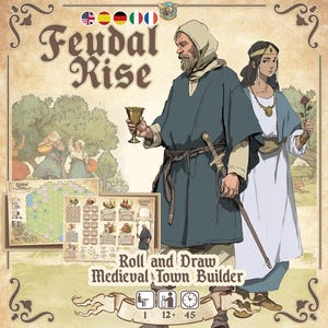 Puede incluir: El juego de mesa "Feudal Rise" presenta ilustraciones de temática medieval. La portada muestra dos figuras con atuendo medieval, sosteniendo un cáliz y una rosa. El juego incluye mapas e ilustraciones de edificios, con el texto "Roll and Draw Medieval Town Builder".