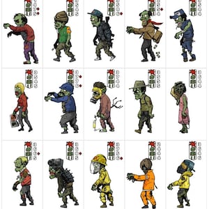 May include: A collection of playing cards with zombie illustrations. Each card shows a different zombie character, dressed in various outfits, with card suit symbols and numerical values in the corners. The zombies are drawn in a cartoon style.