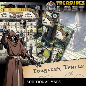 以下が含まれることがあります： 追加の地図が付いた「Treasures Lost」というタイトルのボードゲーム。茶色のローブを着て武器を持っている骸骨の姿が特徴です。ゲーム盤は、さまざまなゲーム要素を備えた寺院のセットアップを描いています。