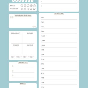 May include: A light blue daily planner with sections for date, mood, weather, top 3 priorities, quote of the day, schedule, breakfast, lunch, dinner, snacks, to do list, and notes. The planner has a light blue background and white text.