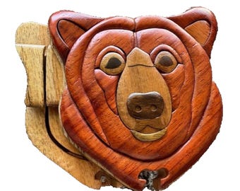 Bear Handcrafted Secret Wooden Puzzle Box, Stained, Grizzly, Teddy, Holder