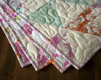 baby girl quilt dolce floral fabrics // modern baby quilt in pink orange aqua and white // READY TO SHIP