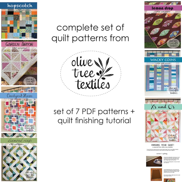 complete PDF set of olive tree textiles quilt patterns // 7 patterns and quilt finishing instructions // instant download