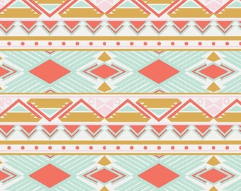 Tribal Mint Cotton Fabric by Anna Elise for Art Gallery Fabrics // Mint Green Peach and Orange // One Half (1/2) Yard // OOP & HTF