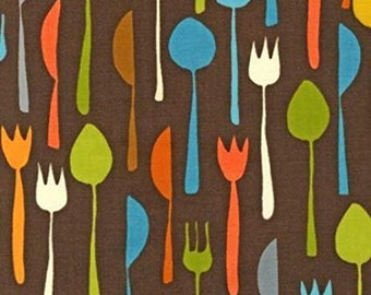 Metro Cafe Louis Cunningham Next Day Art for Robert Kaufman Fabrics // Colorful Mod Kitchen Utensils on Brown // One Half (1/2) Yard // OOP