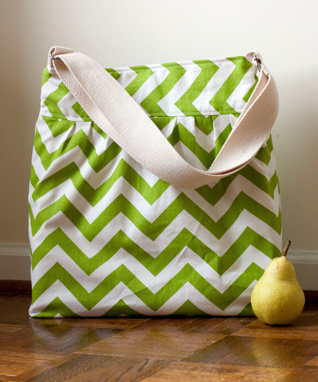 Diaper bag in lime green chevron canvas // geometric messenger Etsy