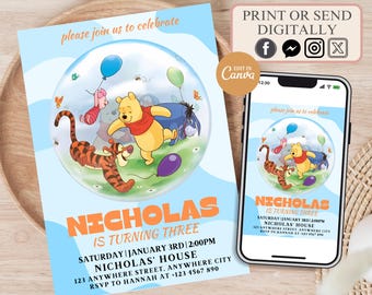 Editable Winnie The Pooh Birthday Invitation: Blue Kids Party (Digital)