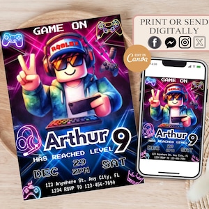Modelo de convite de aniversário para meninos Roblox, convite Roblox, convite Roblox, festa de jogo, aniversário de jogo, convite para festa de aniversário infantil Roblox