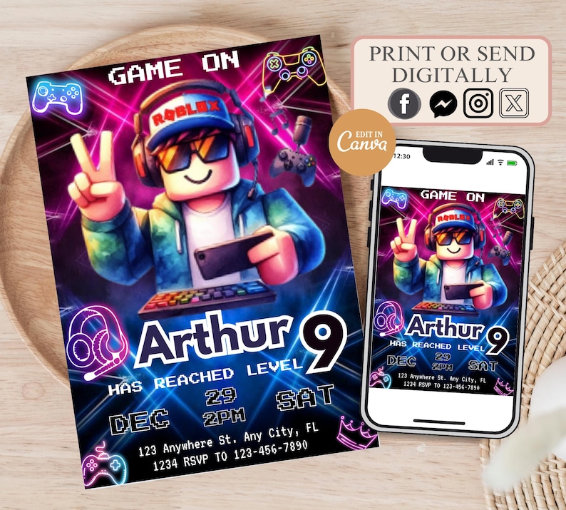 May include: A colorful invitation for a birthday party with a video game theme. The invitation features a cartoon character wearing a headset and holding a video game controller. The text on the invitation reads "Game On" and "Arthur 9 Has Reached Level 29". The date of the party is December 29th, and the time is 2 PM. The invitation also includes the address and RSVP information.