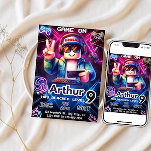 May include: A colorful invitation for a 9th birthday party with a Roblox theme. The invitation features a cartoon character playing a video game with the text "Arthur has reached level 9" and the date and time of the party.
