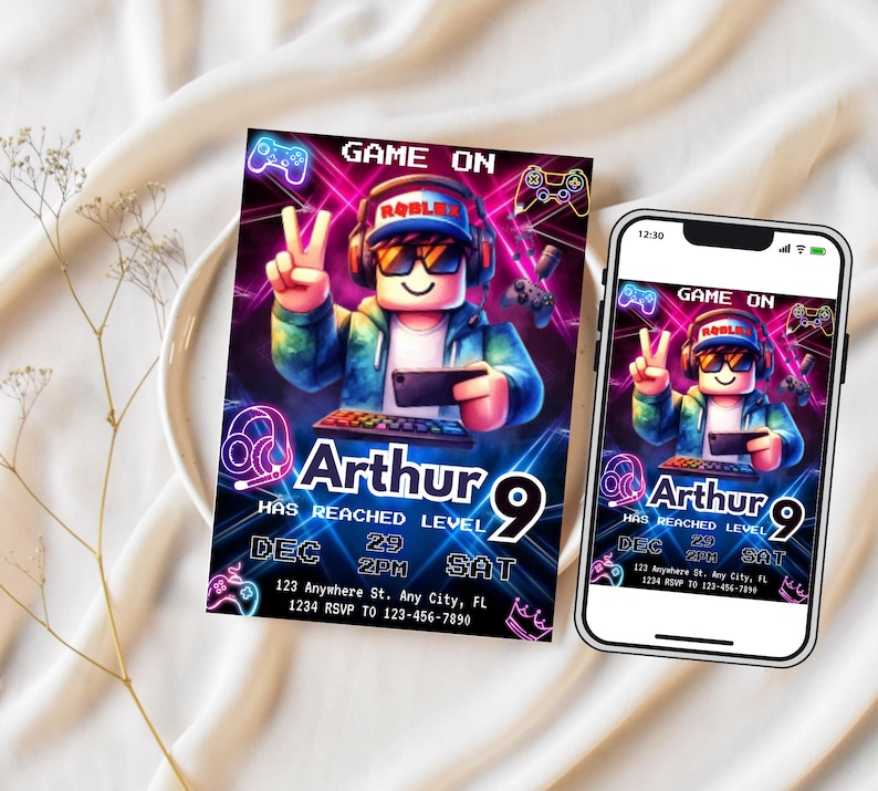 May include: A colorful invitation for a 9th birthday party with a Roblox theme. The invitation features a cartoon character playing a video game with the text "Arthur has reached level 9" and the date and time of the party.