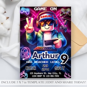 May include: A colorful invitation for a 9th birthday party with a Roblox theme. The invitation features a cartoon character playing a video game with the text "Arthur 9 has reached level 29" and "DEC 29 2PM SAT".