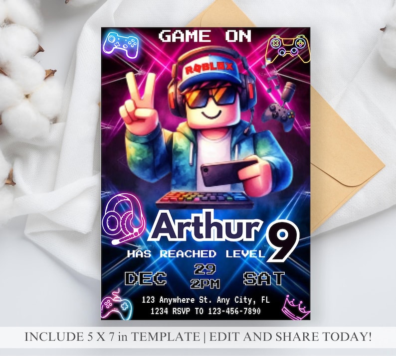 May include: A colorful invitation for a 9th birthday party with a Roblox theme. The invitation features a cartoon character playing a video game with the text "Arthur 9 has reached level 29" and "DEC 29 2PM SAT".