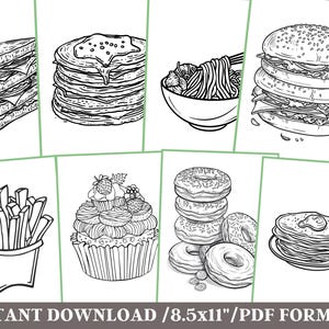 May include: A black and white coloring page featuring a variety of food items, including a sandwich, pancakes, noodles, a burger, donuts, french fries, cupcakes, and a stack of pancakes.  The page is designed for adults and children to color.