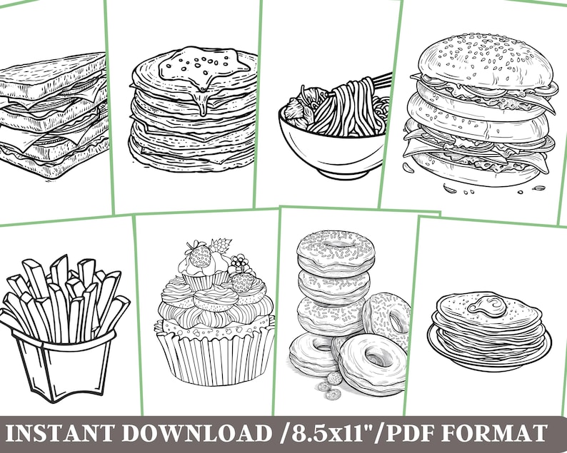 May include: A black and white coloring page featuring a variety of food items, including a sandwich, pancakes, noodles, a burger, donuts, french fries, cupcakes, and a stack of pancakes.  The page is designed for adults and children to color.