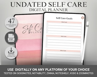 May include: A digital planner for self-care goals. The planner is displayed on a tablet screen with a pink and orange watercolour background. The planner has sections for mind goals, body goals, and other goals. The text "Self Care Goals" is at the top of the planner. The planner is available as a PDF download and has 47 hyperlinked pages.