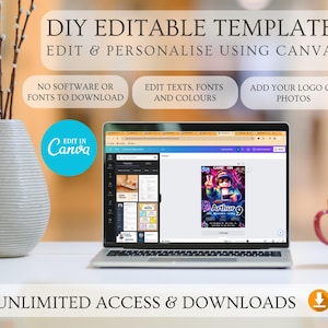 May include: A laptop computer displaying a Canva design template for a birthday party invitation. The template features a colorful design with a cartoon character and the text "GAME ON Arthur 9". The text "DIY EDITABLE TEMPLATE EDIT & PERSONALISE USING CANVA" is displayed at the top of the image.