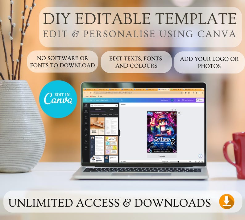 May include: A laptop computer displaying a Canva design template for a birthday party invitation. The template features a colorful design with a cartoon character and the text "GAME ON Arthur 9". The text "DIY EDITABLE TEMPLATE EDIT & PERSONALISE USING CANVA" is displayed at the top of the image.