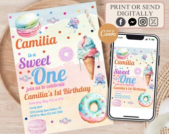 Sweet One Birthday Invitation: Pastel Dessert Theme (Digital Download)