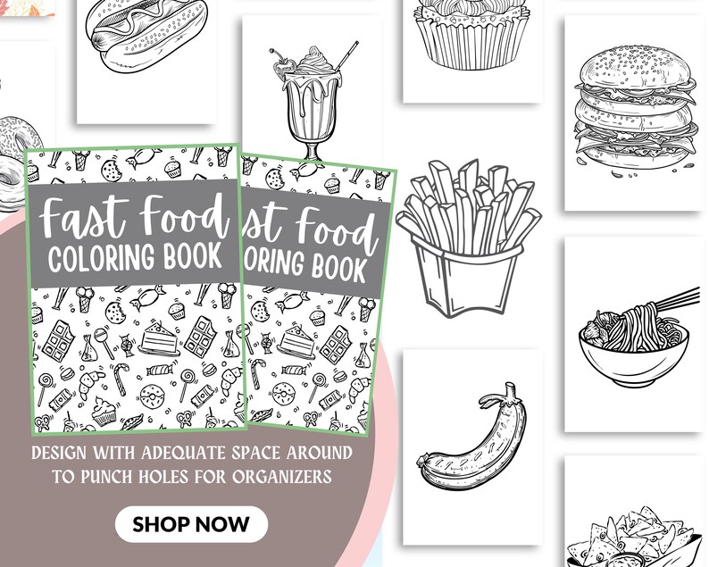 May include: Black and white coloring book cover with the text "Fast Food Coloring Book". The cover features a variety of fast food items, including french fries, hamburgers, ice cream, and donuts.