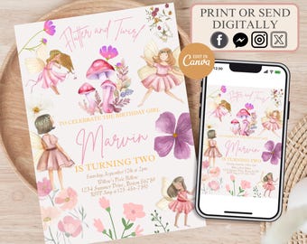 May include: A pink and purple fairy-themed birthday invitation for a girl turning two. The invitation features a watercolor illustration of fairies, mushrooms, and flowers. The text reads "Flutter and Twirl" and "Marvin is turning two".