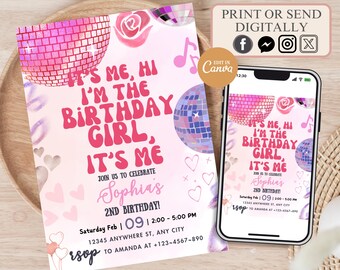 May include: Pink and purple birthday invitation with a disco ball and the text "It's me, hi I'm the birthday girl, it's me". The invitation is for Sophia's 2nd birthday party on Saturday, February 9th from 2:00 to 5:00 PM. The invitation includes the address and phone number to RSVP.